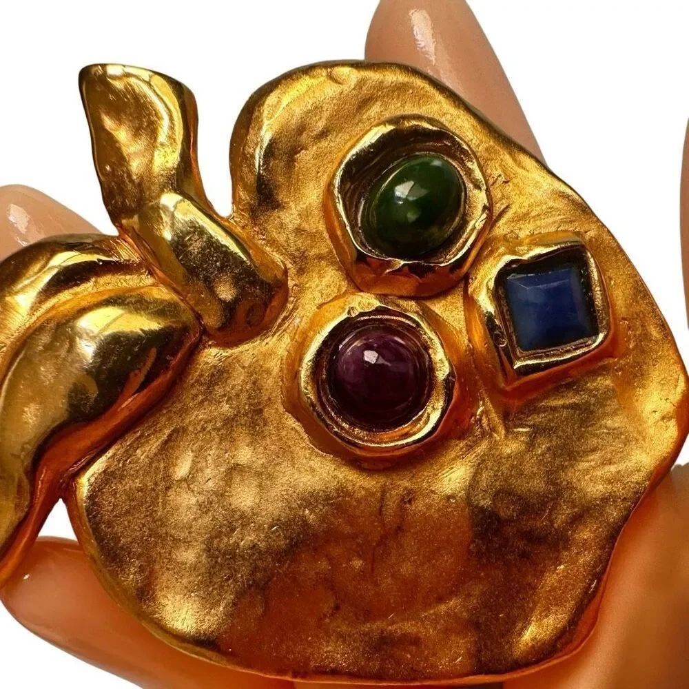Vintage Gold Tone Apple Brooch with Jewel-Tone Cabochons